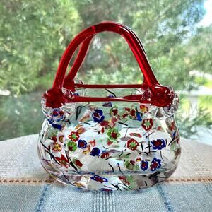 Vintage Murano Style Millefiori Glass Handbag Figurine – Red Handle